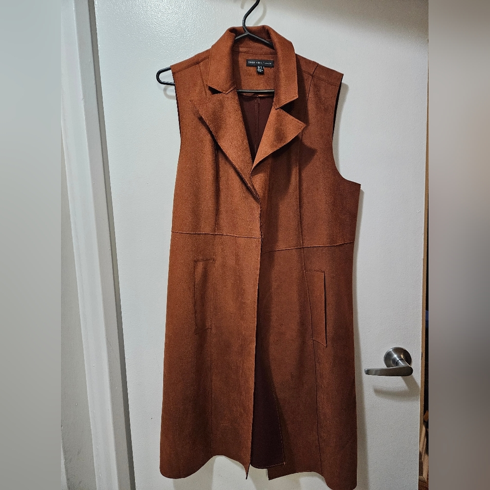 Joan Vass Long Faux Suede Open Vest